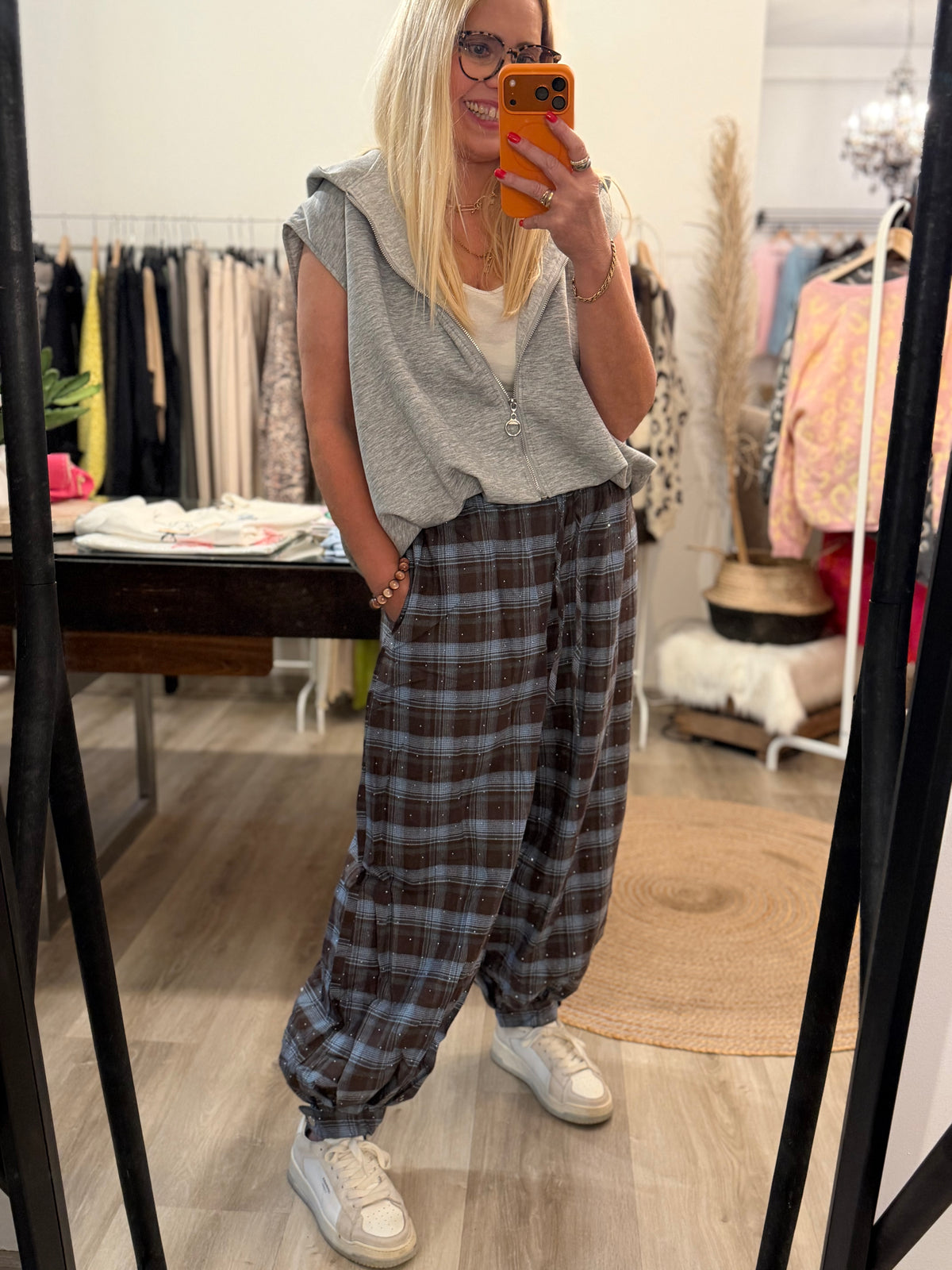 Ballonhose kariert mit Glitzer